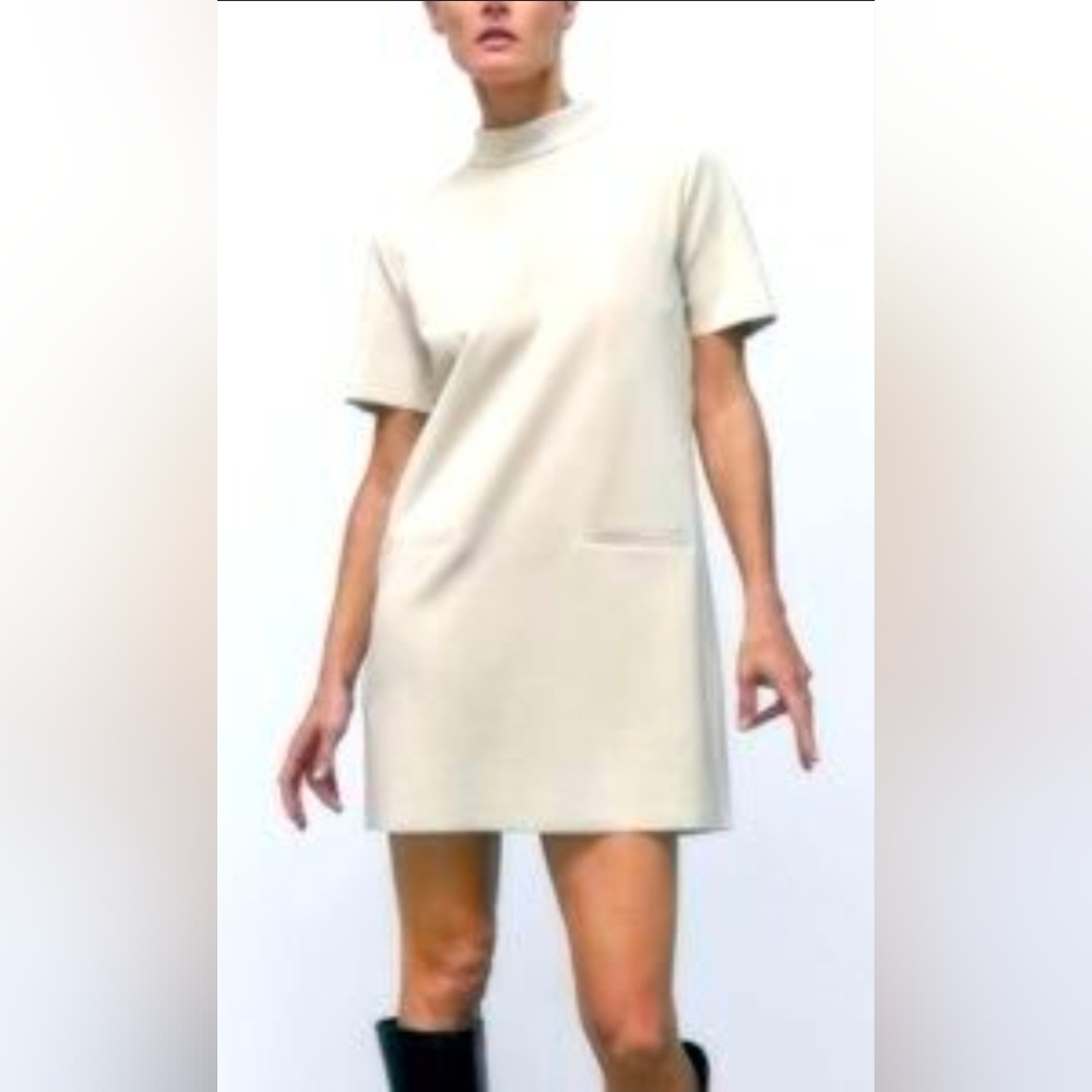 Zara Faux Suede Ecru Short Sleeve Mock Neck Dress